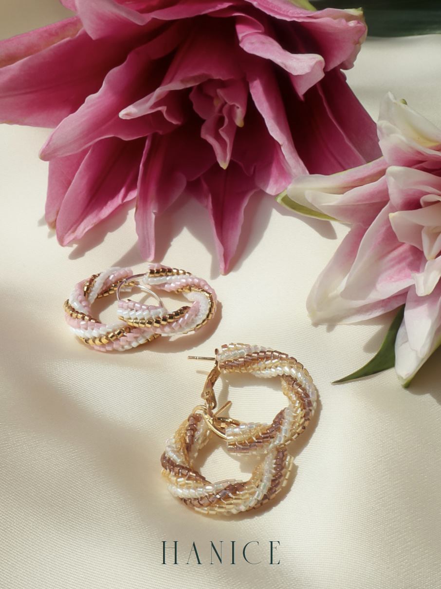 Handmade Twist Hoop earrings crafted with authentic Miyuki beads, featuring a modern twisted hoop design and hypoallergenic sterling silver posts.