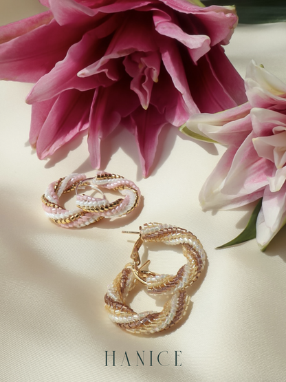 Handmade Twist Hoop earrings crafted with authentic Miyuki beads, featuring a modern twisted hoop design and hypoallergenic sterling silver posts.